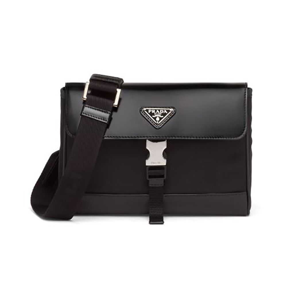 Front view of Prada Women Re-Nylon and Leather Shoulder Bag-Black