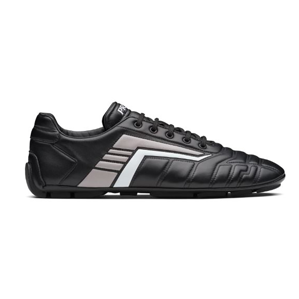 Side view of Prada Women Rev Leather Sneakers-Black showing silhouette