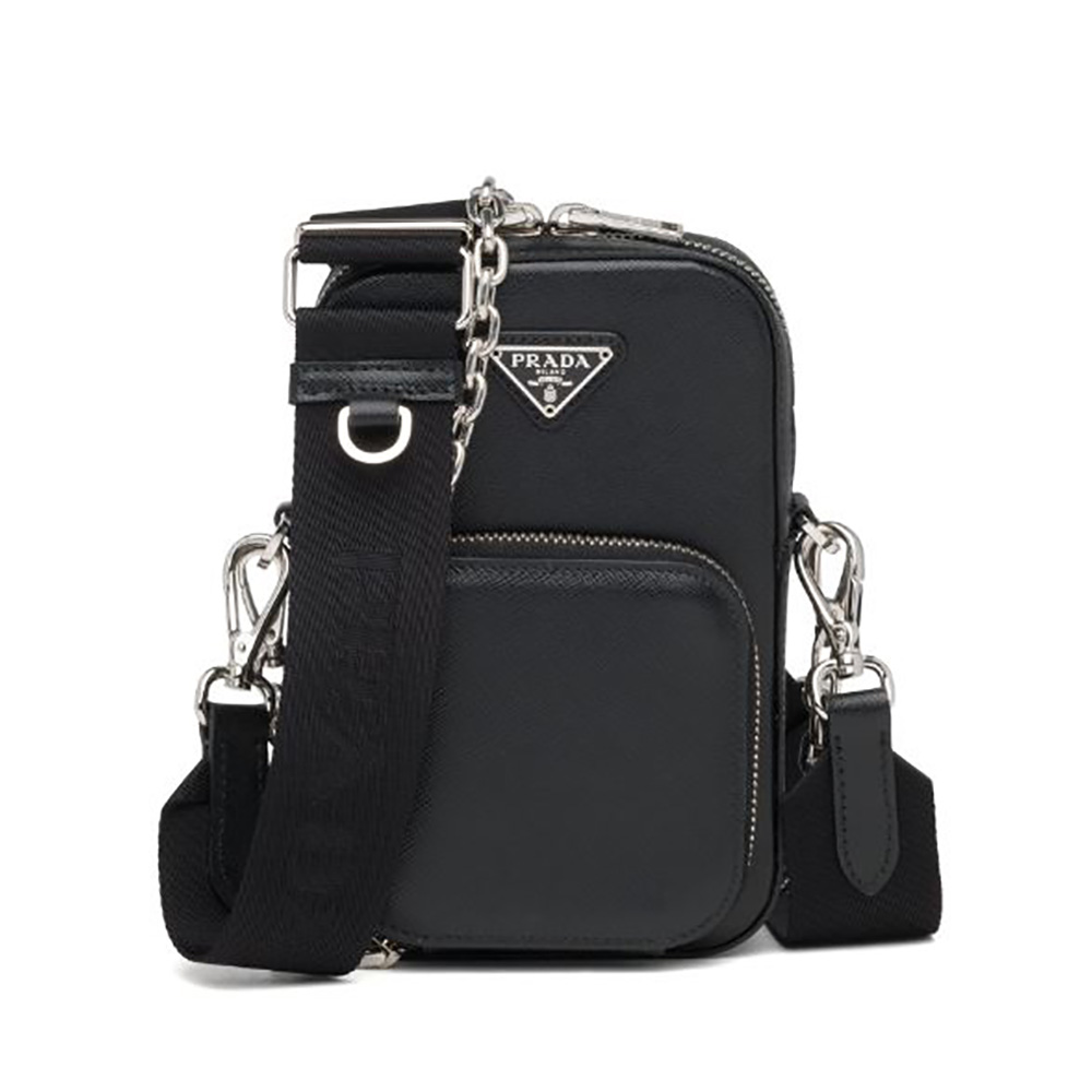 Front view of Prada Men Saffiano Leather Mini Bag-Black with clasp visible