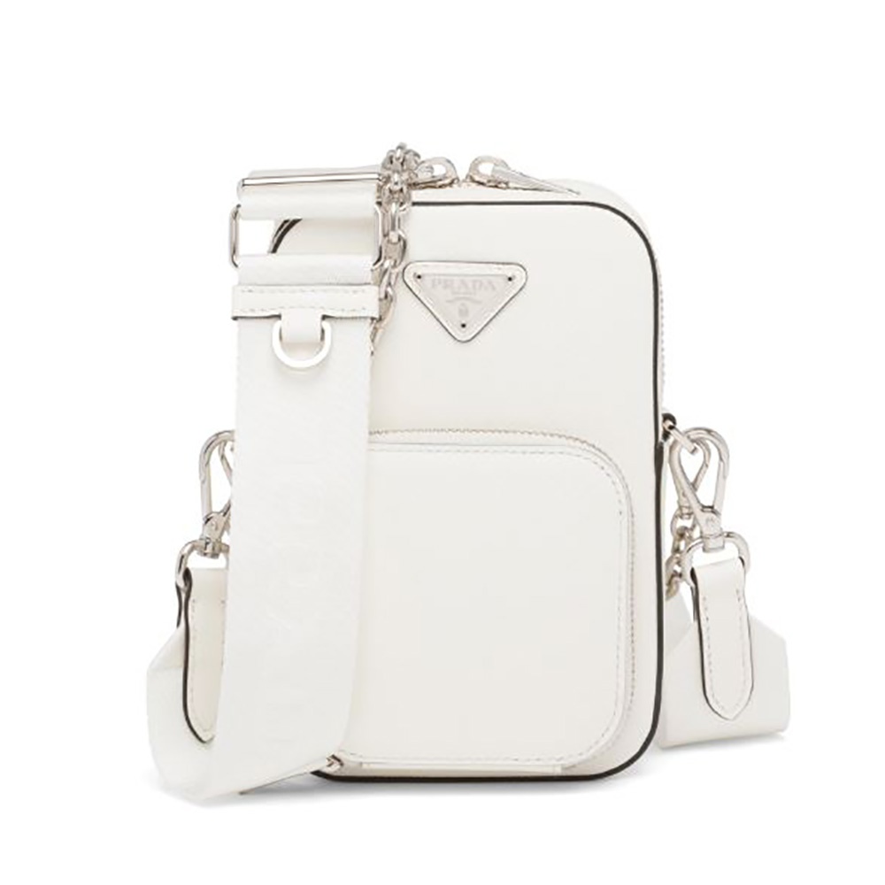 Front view of Prada Women Saffiano Leather Mini Bag-White highlighting flap