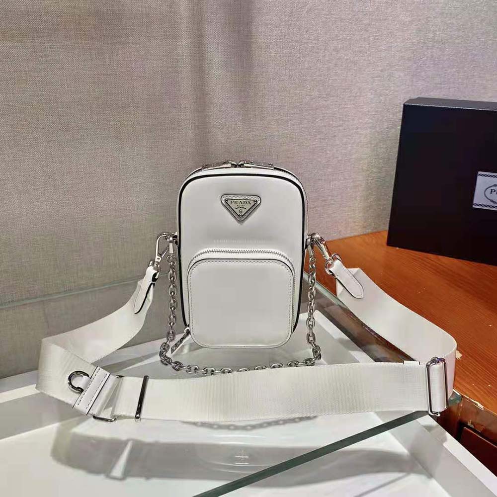 Close-up on gold-tone hardware and Prada logo on mini bag