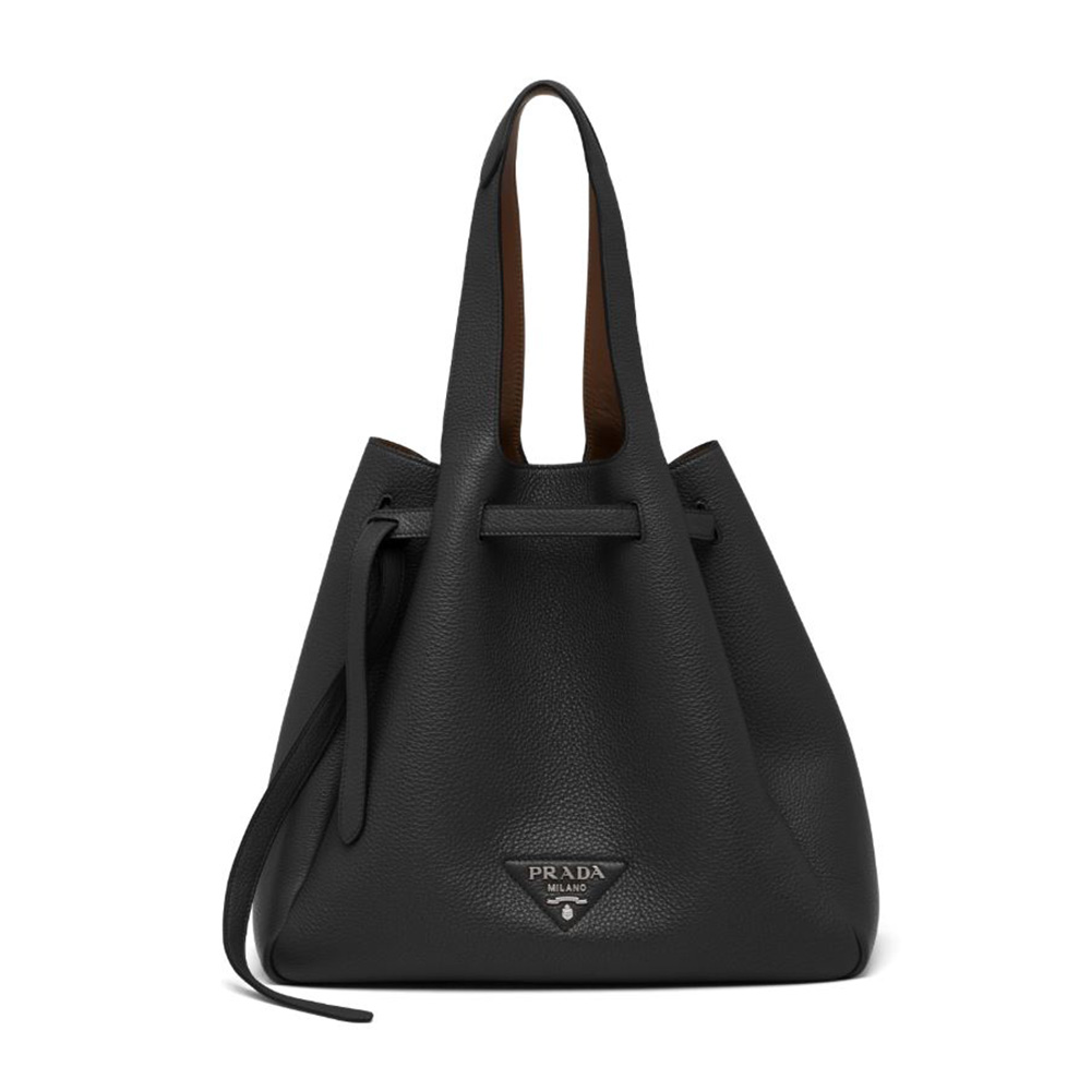 Front view of Prada Women Soft Leather Tote-Black showing sleek silhouette