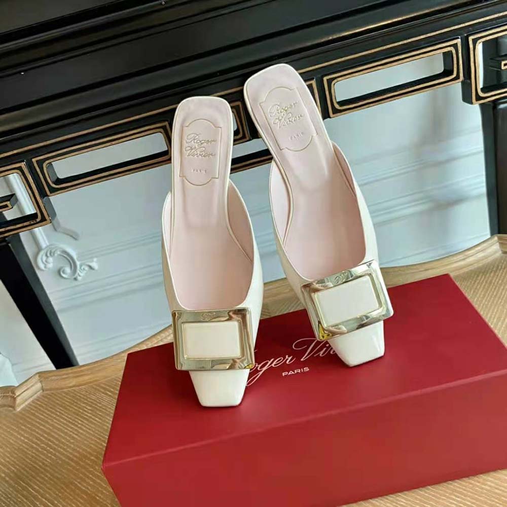 Close-up of gold-tone buckle detail on Roger Vivier Belle Vivier Metal Buckle Mules