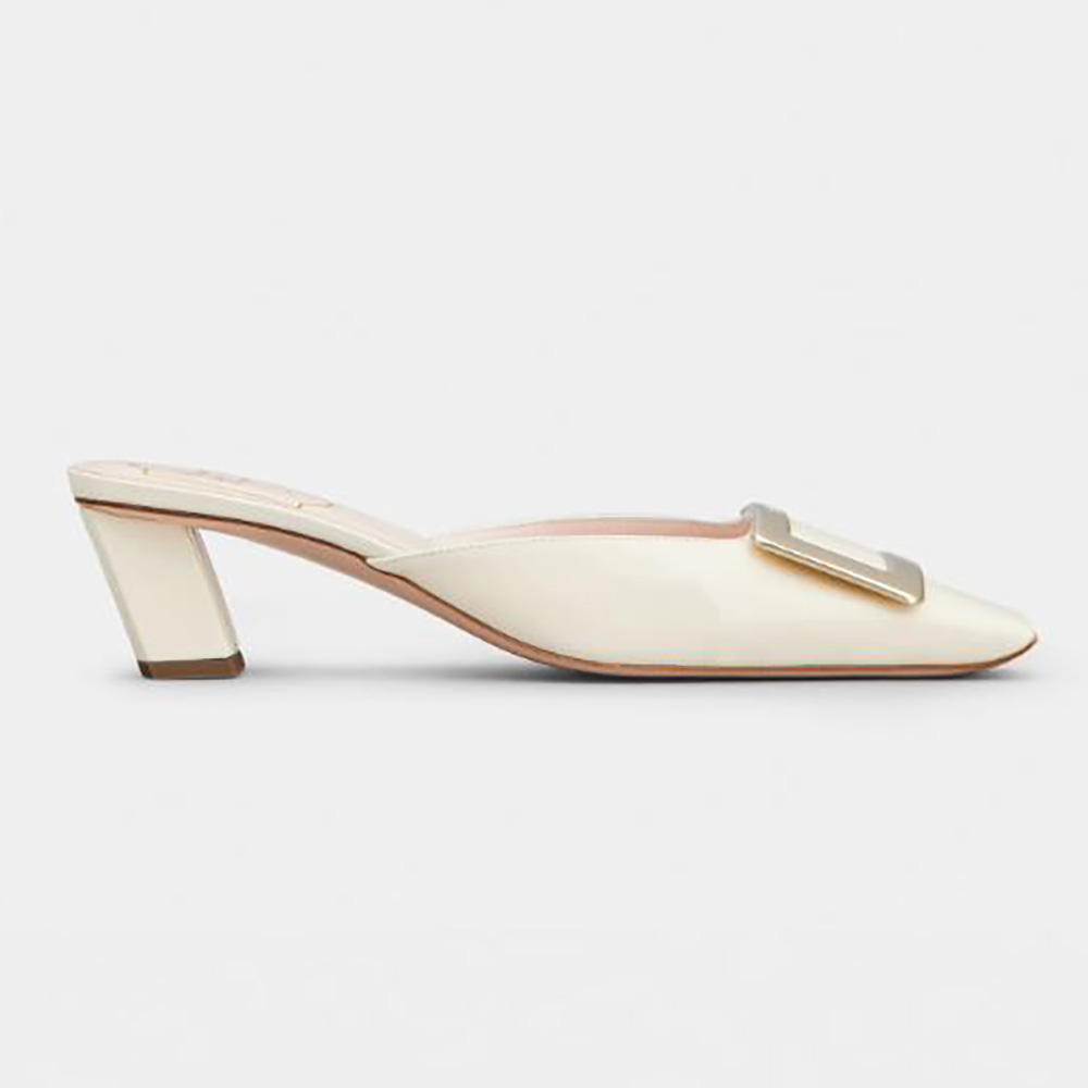 Side view of Roger Vivier Belle Vivier Metal Buckle Mules in white patent leather