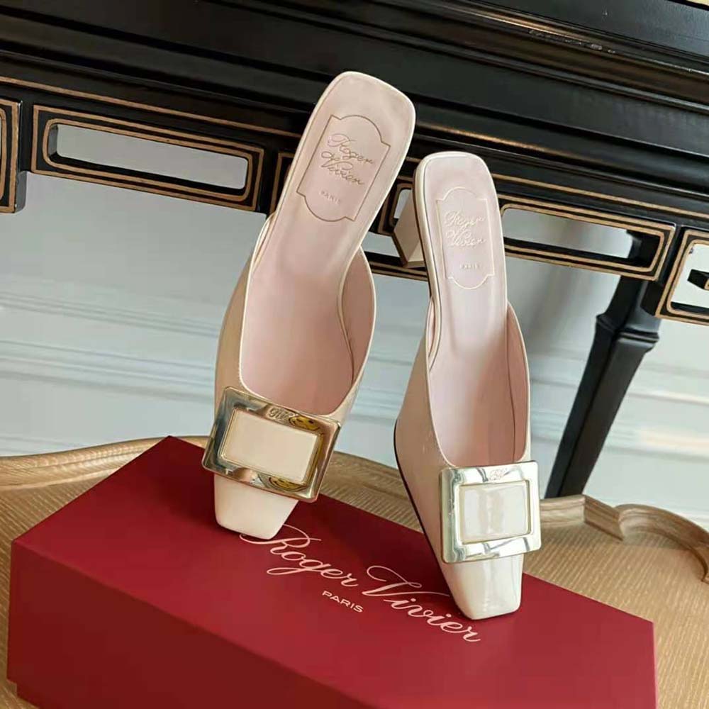 Close-up of silver metal buckle on Roger Vivier Belle Vivier Metal Buckle Mules