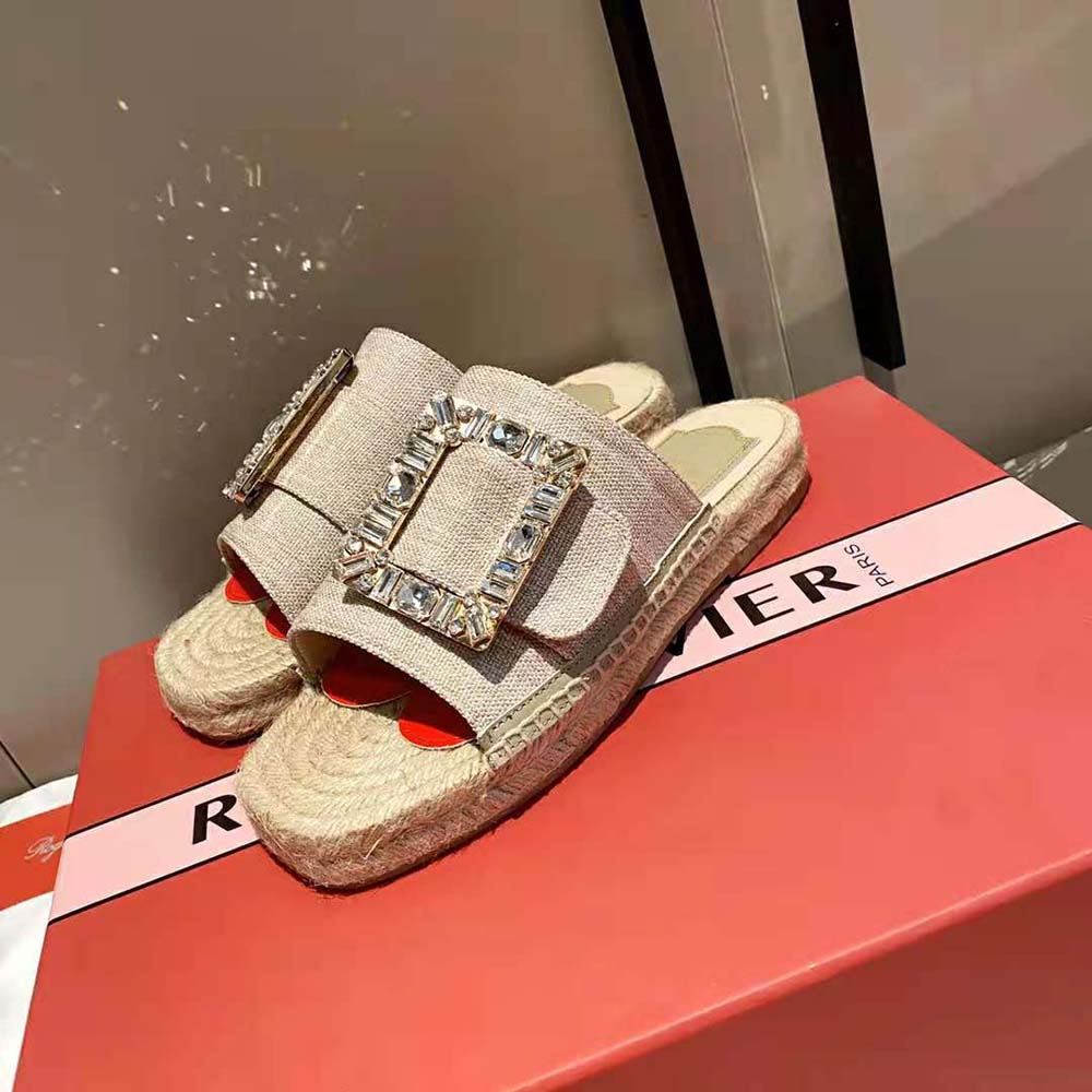 Top-down angle showing fabric texture on Roger Vivier espadrille mules