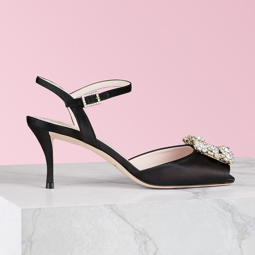 Side view of Roger Vivier Women Flower Strass Buckle Sandals in Satin-Black