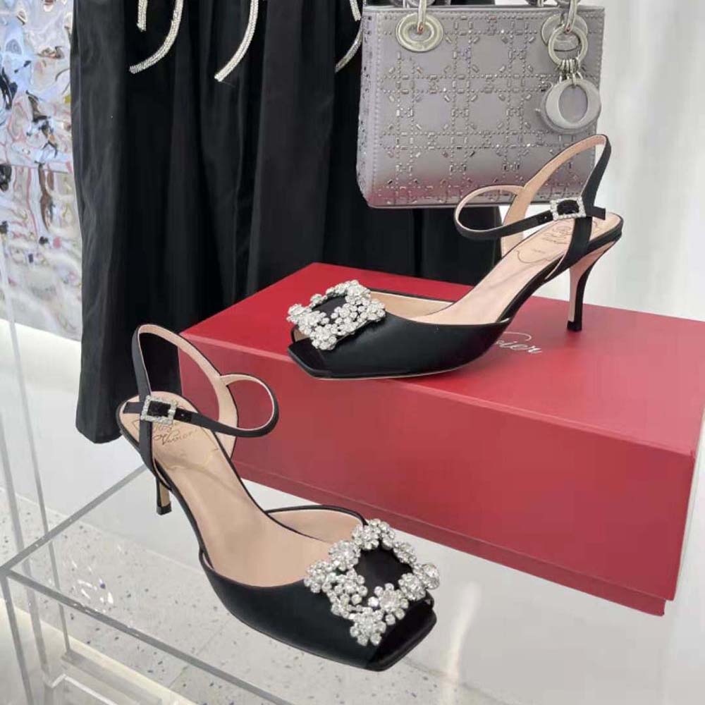 Roger Vivier Women Flower Strass Buckle Sandals in Satin-Black - image 4
