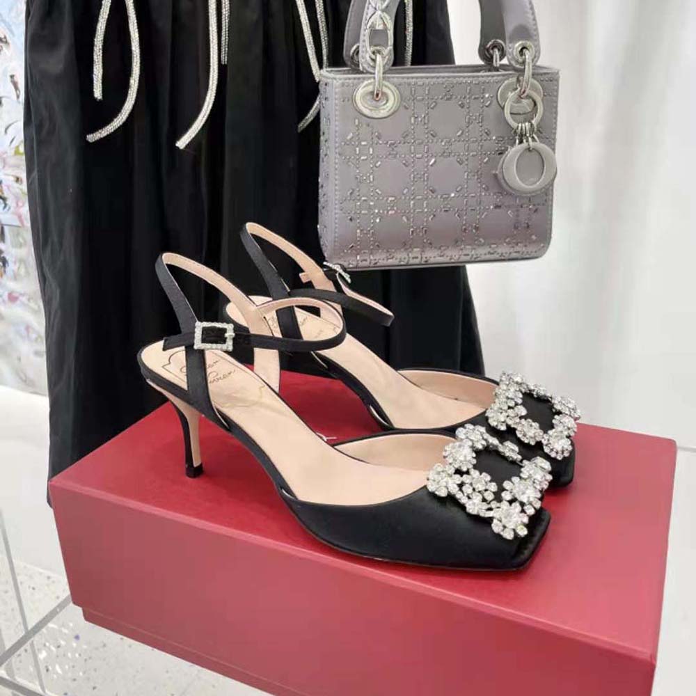 Top angle showing satin finish and buckle on Roger Vivier Flower Strass Sandals