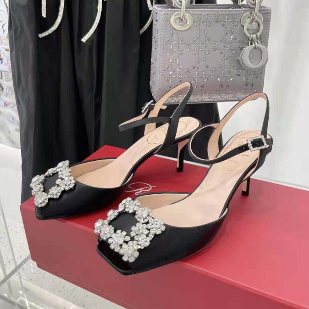 Roger Vivier Women Flower Strass Buckle Sandals in Satin-Black - image 5