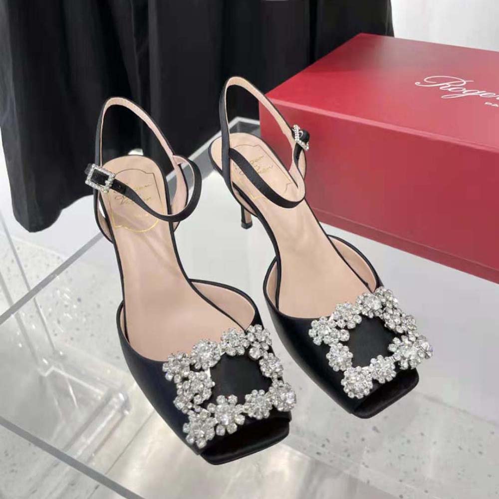 Roger Vivier Women Flower Strass Buckle Sandals in Satin-Black - image 6