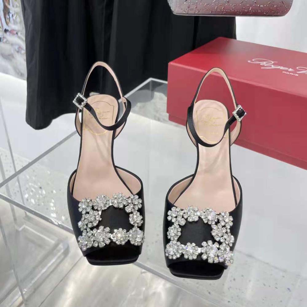 Roger Vivier Women Flower Strass Buckle Sandals in Satin-Black - image 7