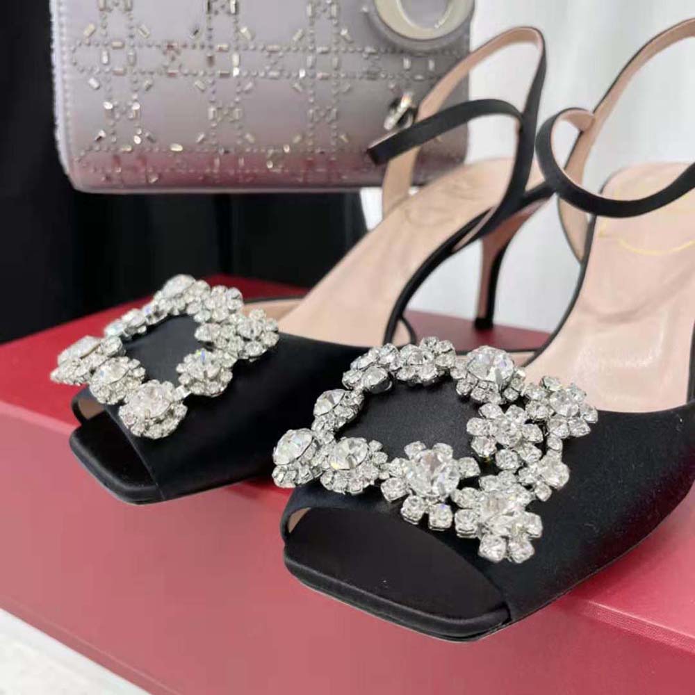 Roger Vivier Women Flower Strass Buckle Sandals in Satin-Black - image 10