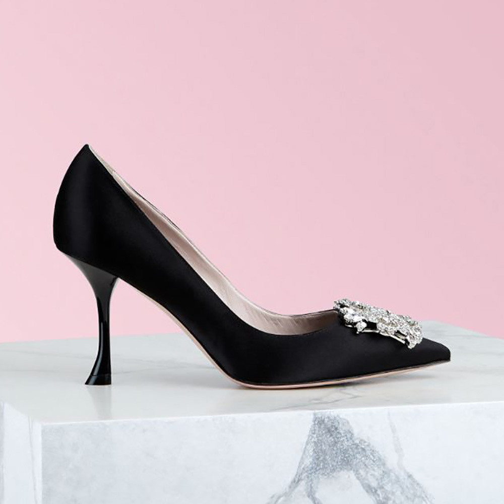Front angle of Roger Vivier Women RV Bouquet Strass Buckle Pumps in Satin-Black