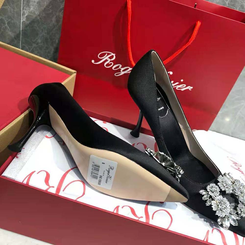 Roger Vivier Women RV Bouquet Strass Buckle Pumps in Satin-Black - image 8