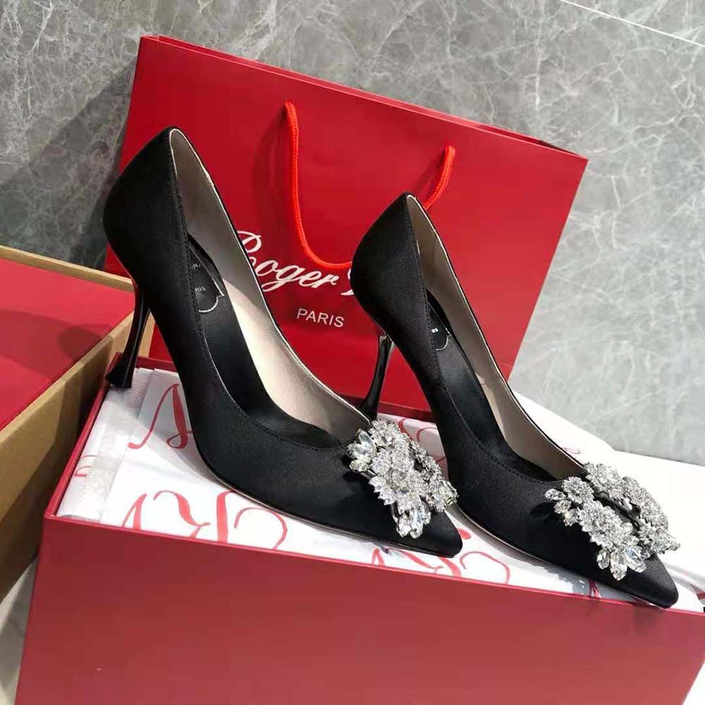 Roger Vivier Women RV Bouquet Strass Buckle Pumps in Satin-Black - image 4