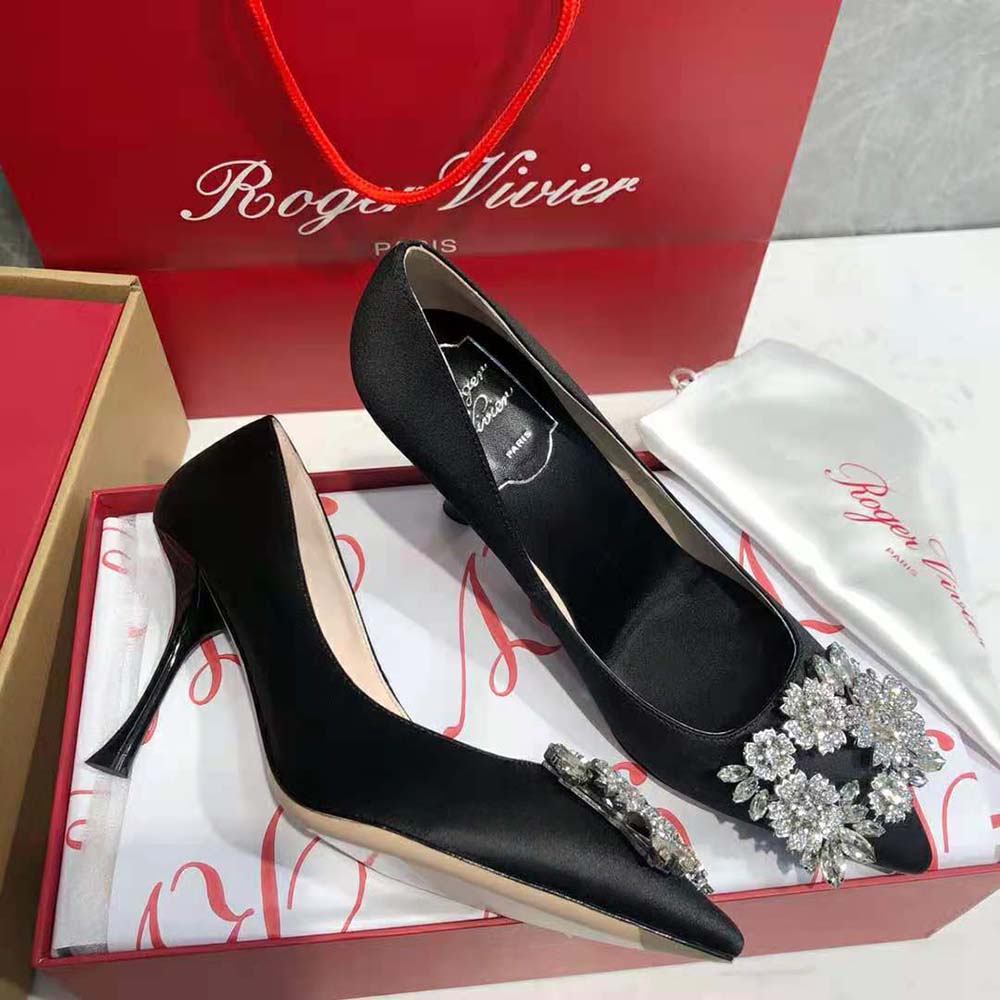 Roger Vivier Women RV Bouquet Strass Buckle Pumps in Satin-Black - image 7