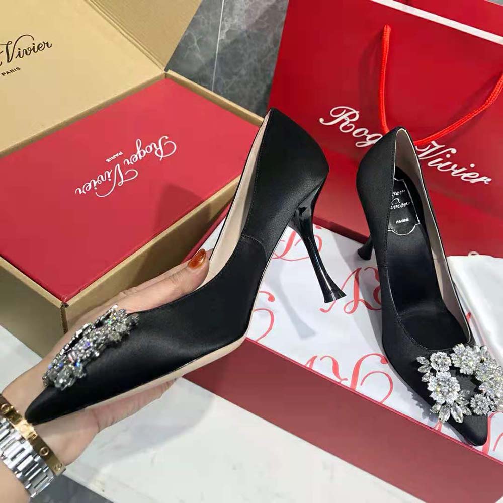 Roger Vivier Women RV Bouquet Strass Buckle Pumps in Satin-Black - image 6