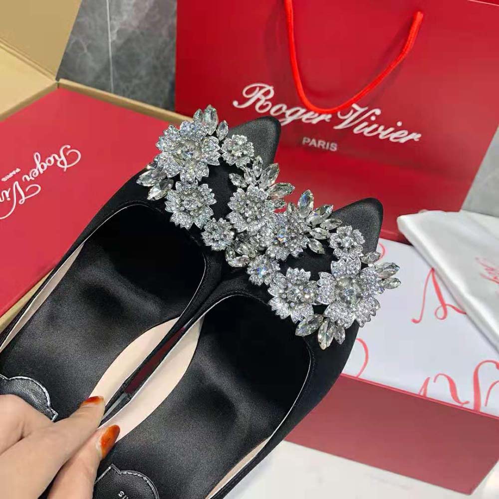 Roger Vivier Women RV Bouquet Strass Buckle Pumps in Satin-Black - image 10