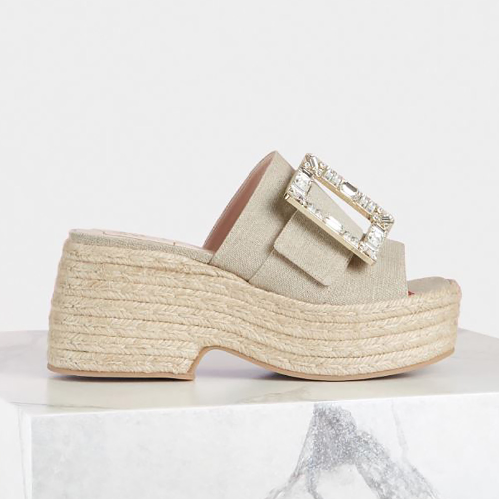 Side view of Roger Vivier Women Strass Buckle Espadrille Platform Mules in Beige