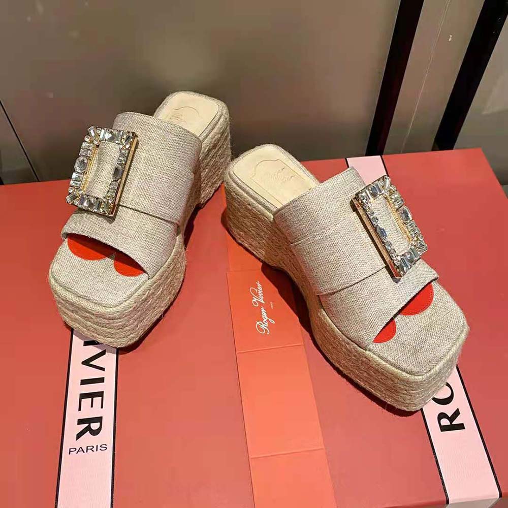Top-down view showing fabric texture of Roger Vivier platform mules