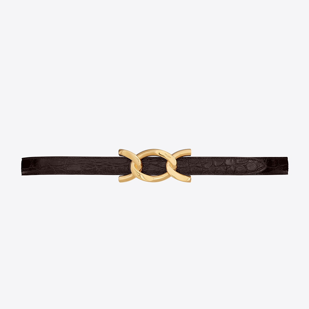 Front view of Saint Laurent YSL Women Chain-Buckle Belt in black crocodile leather