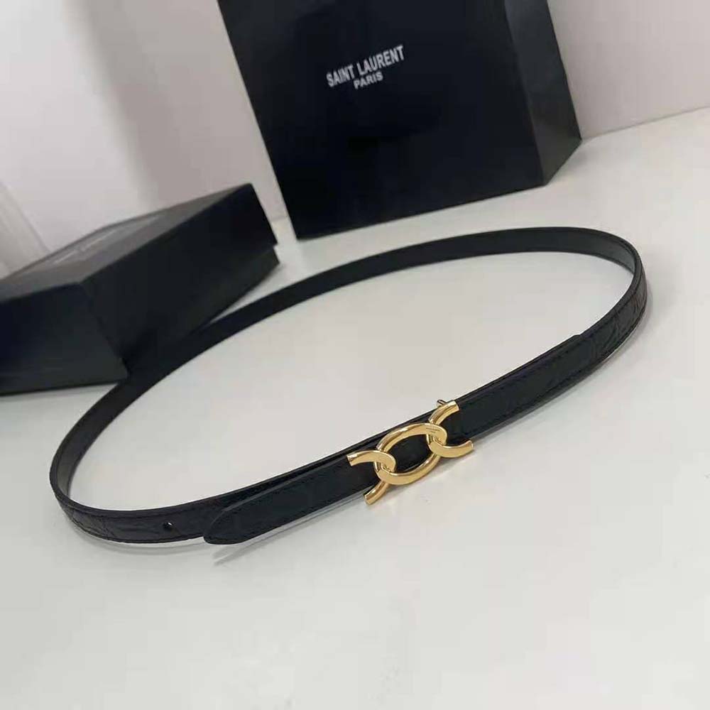Close-up of shiny silver chain buckle on Saint Laurent YSL Women Chain-Buckle Belt