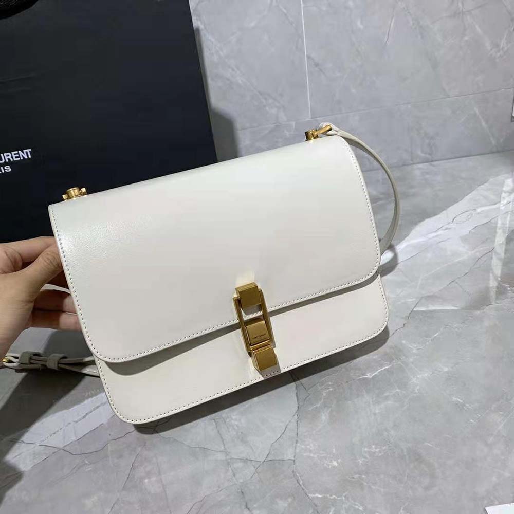 Side angle showing structured silhouette of Saint Laurent LE Carre Satchel