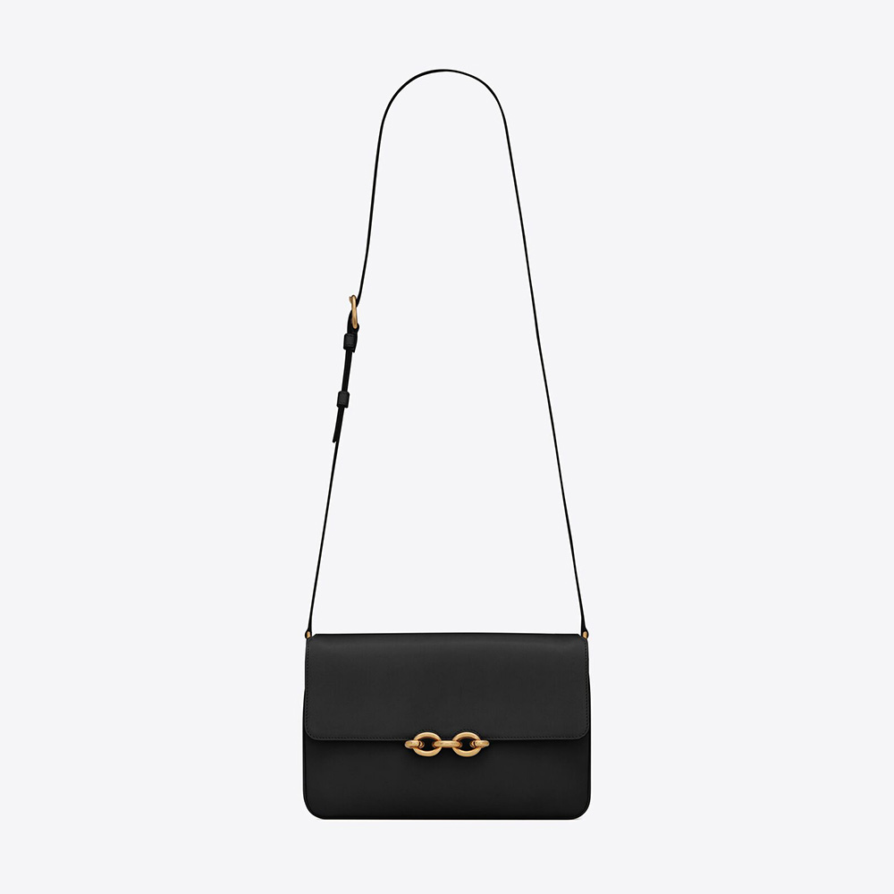 Front view of Saint Laurent YSL Women LE Maillon Satchel in smooth black leather