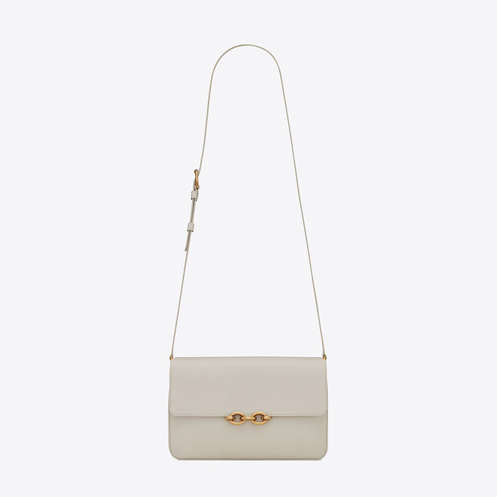 Front view of Saint Laurent YSL Women LE Maillon Satchel in Smooth Leather-White
