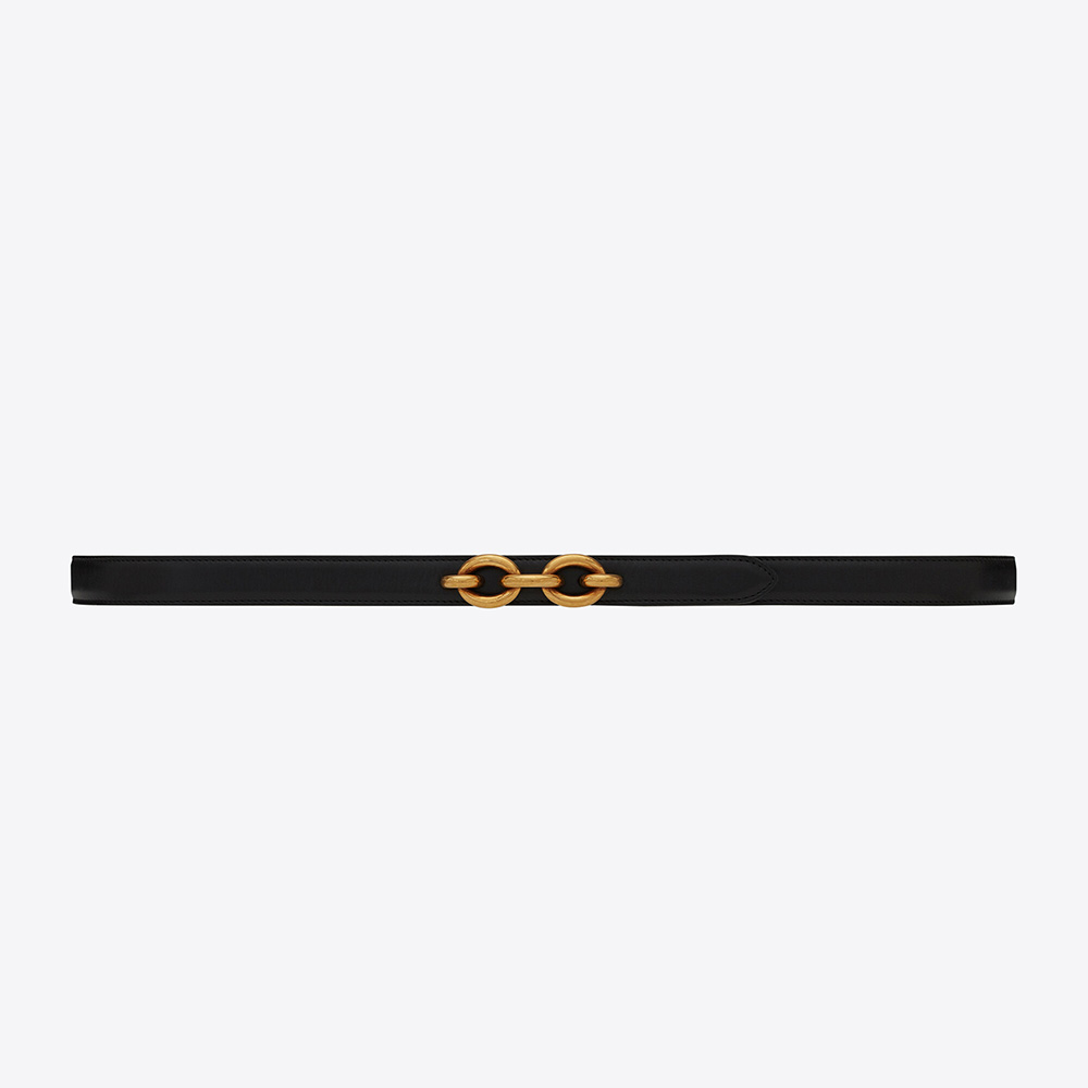 Front view of Saint Laurent YSL Women Maillon Thin Belt in shiny black leather