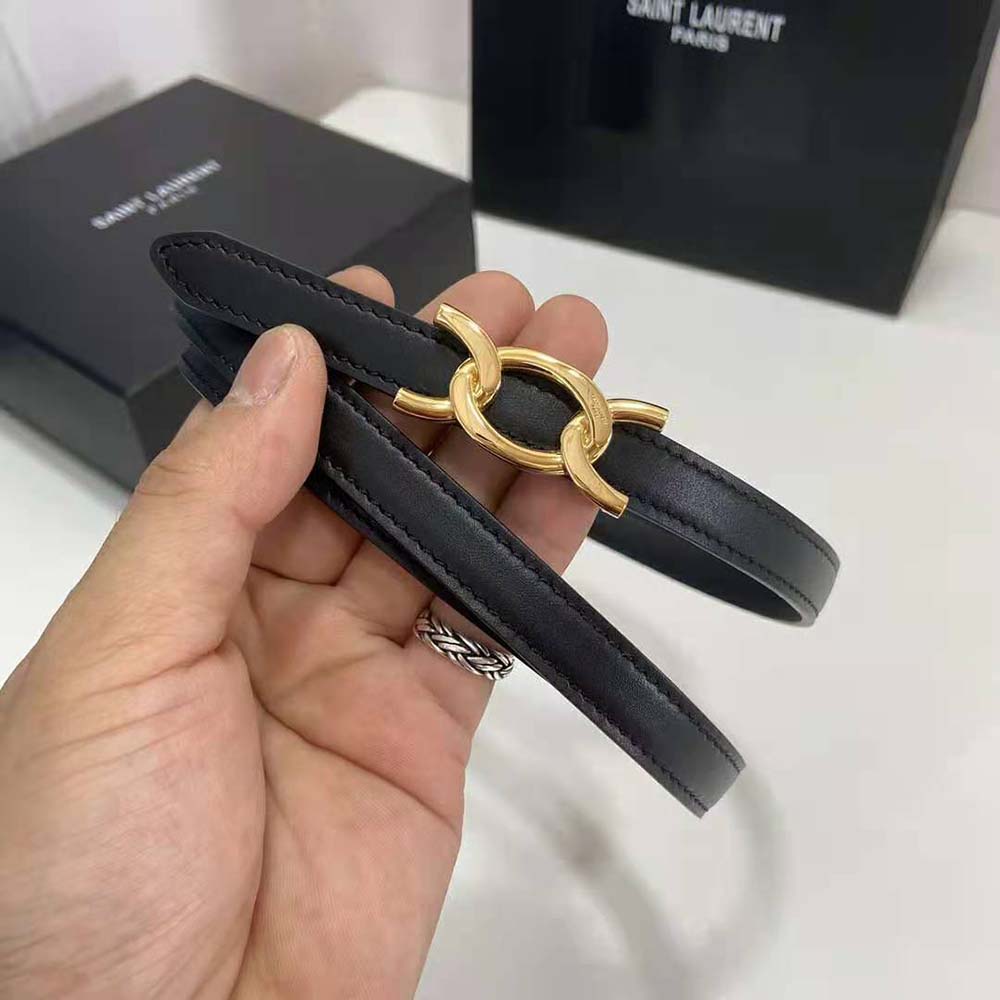 Side angle showing slim profile of Saint Laurent YSL Women Maillon Thin Belt