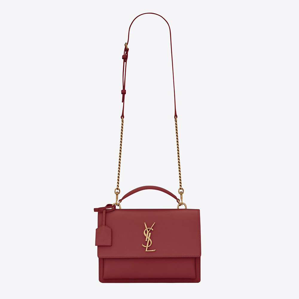 Front view of Saint Laurent YSL Women Medium Sunset Satchel in Maroon leather