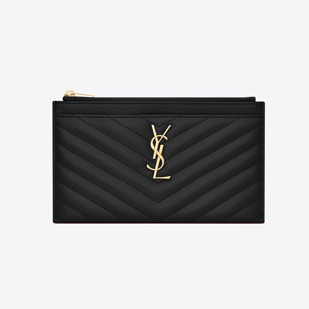 Front angle of Saint Laurent YSL Women Monogram Bill Pouch in black leather