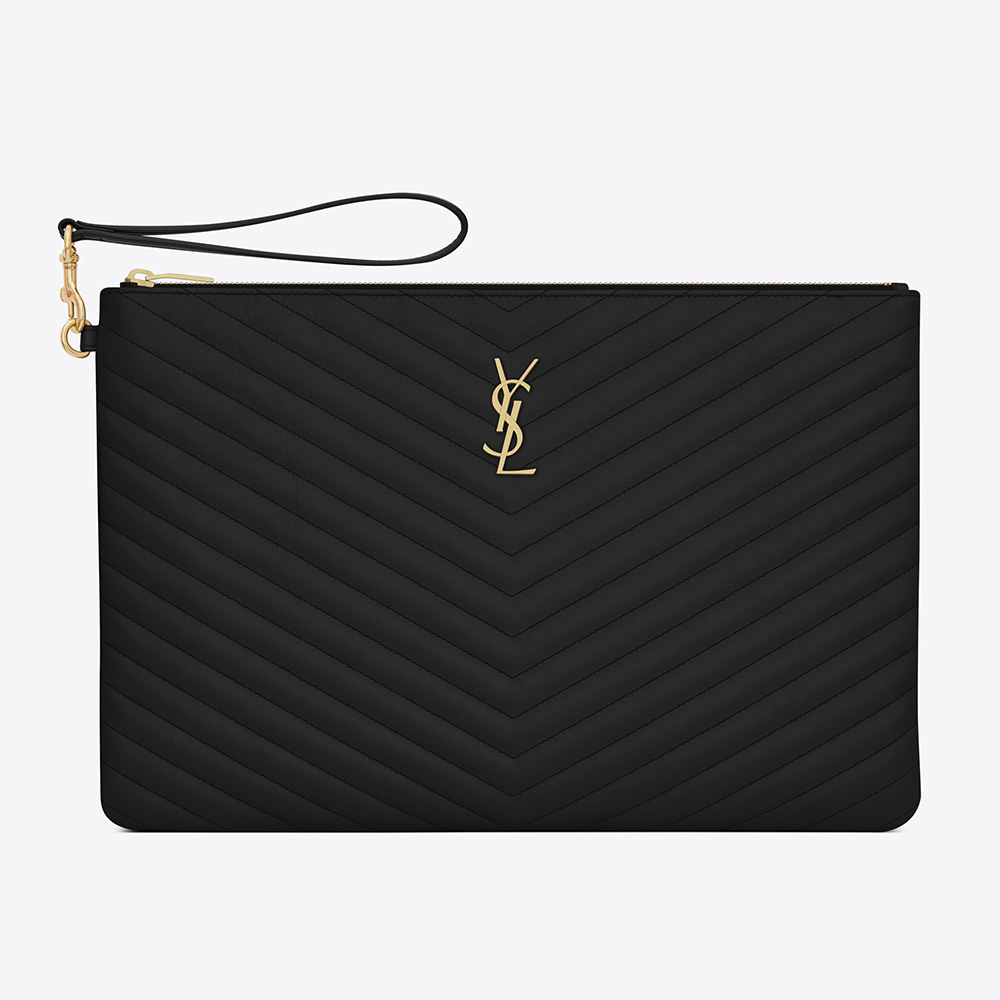 Front view of Saint Laurent YSL Women Monogram Document Holder in black matelassé leather