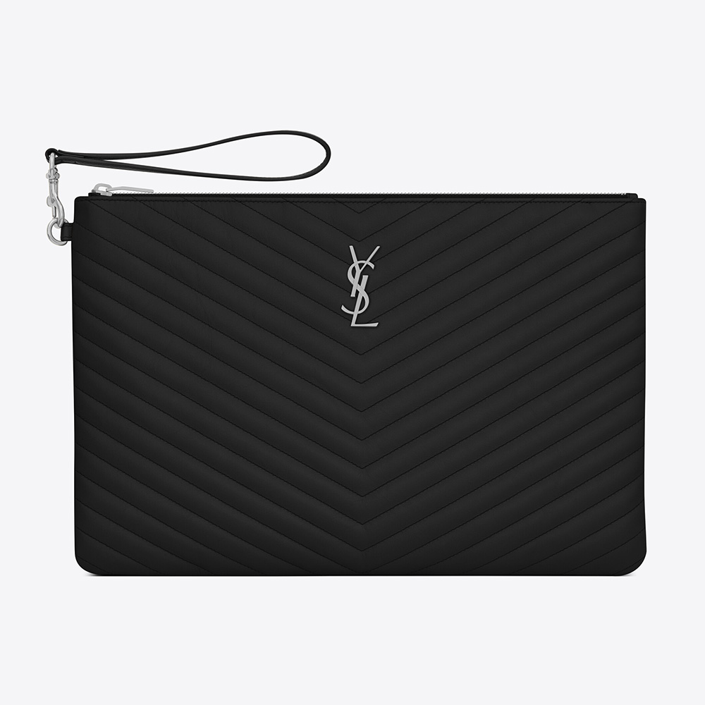 Front view of Saint Laurent YSL Women Monogram Document Holder in Matelasse Leather-Silver