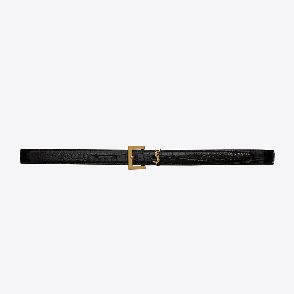 Front view of Saint Laurent YSL Women Monogram Narrow Belt black leather