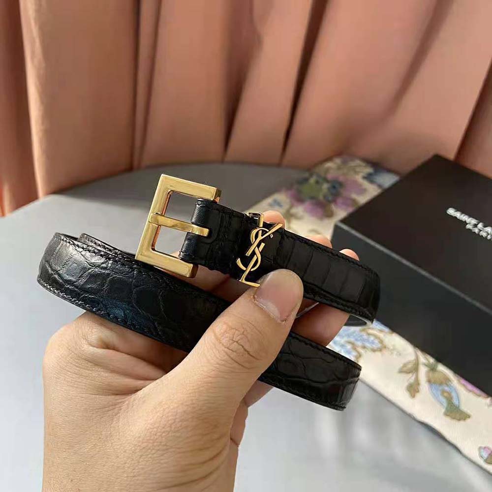 Side angle highlighting crocodile embossing on Saint Laurent YSL belt
