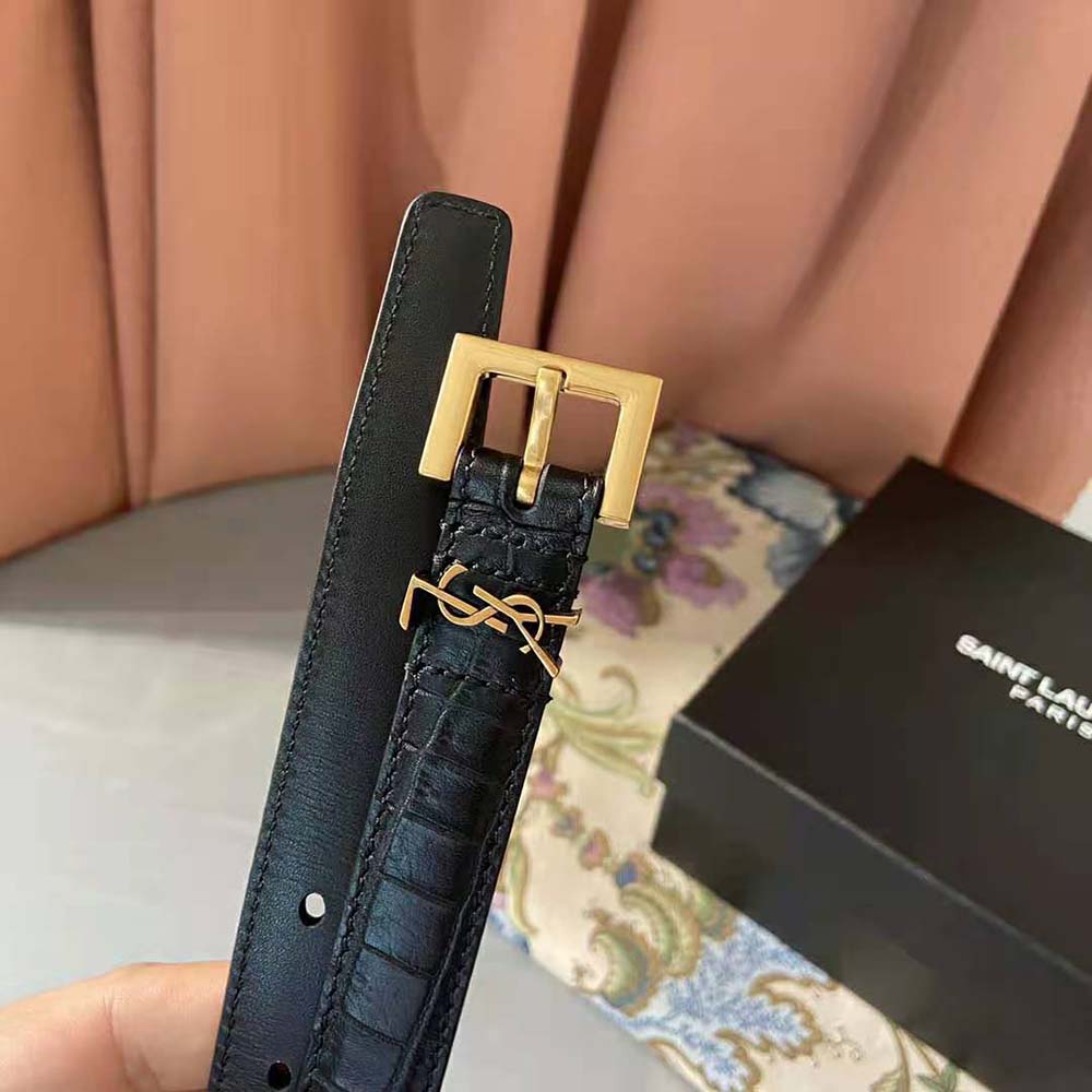 Saint Laurent YSL Women Monogram Narrow Belt with Square Buckle in Crocodile Embossed Leather - image 9
