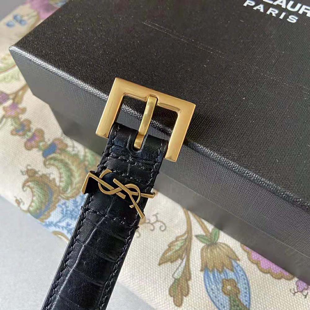 Saint Laurent YSL Women Monogram Narrow Belt with Square Buckle in Crocodile Embossed Leather - image 8