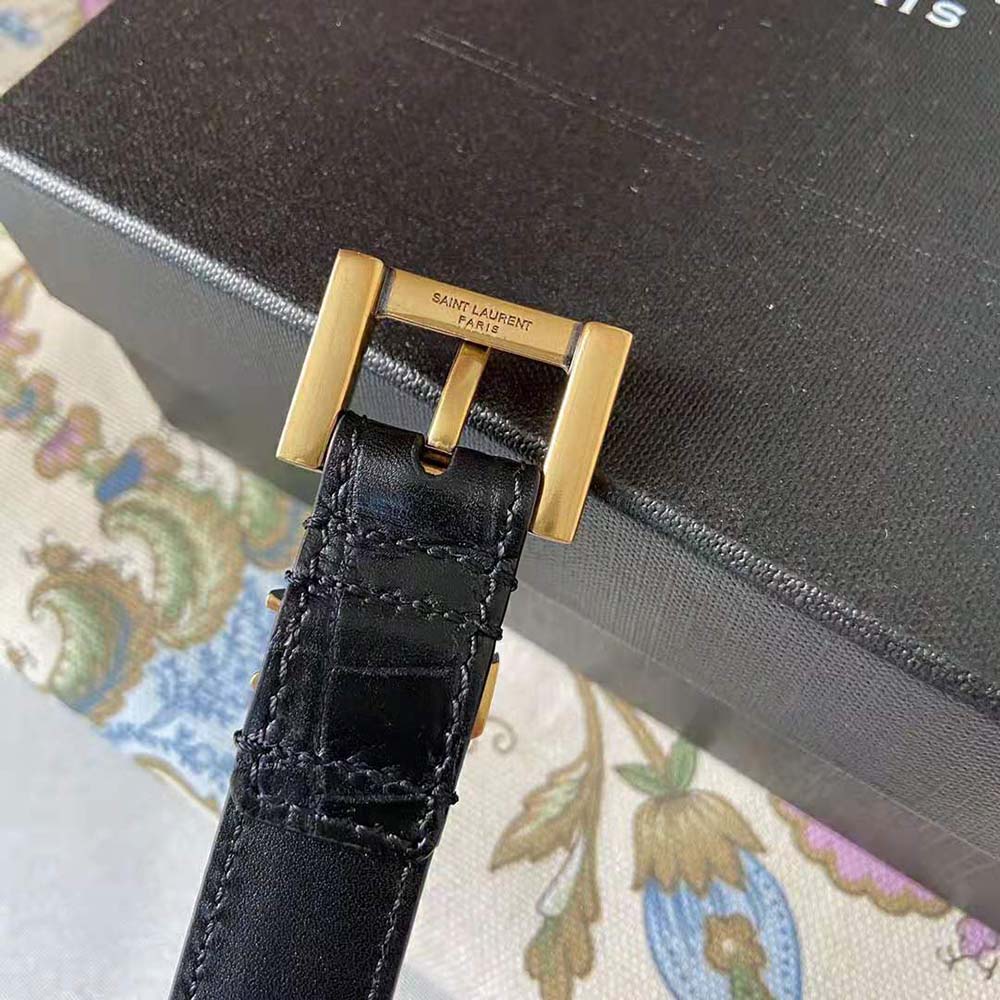 Saint Laurent YSL Women Monogram Narrow Belt with Square Buckle in Crocodile Embossed Leather - image 5