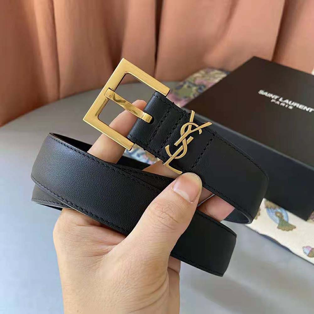 Side angle showing slim profile of Saint Laurent YSL Women Monogram Narrow Belt