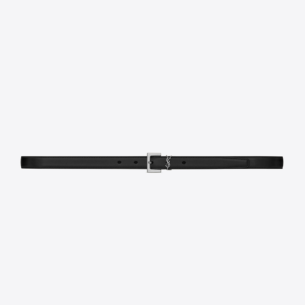 Close-up of Saint Laurent YSL Women Monogram Narrow Belt smooth black leather texture