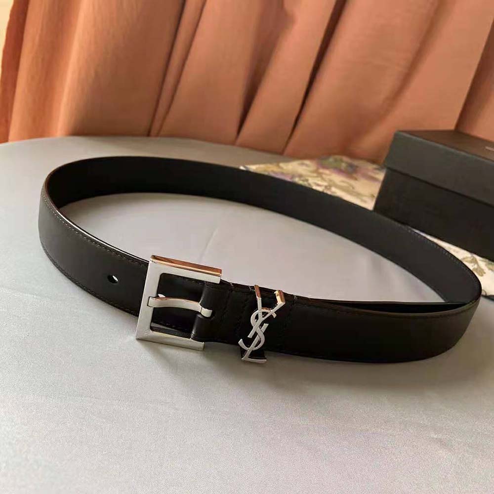Side angle showing square gold-tone buckle on Saint Laurent YSL Women Monogram Narrow Belt