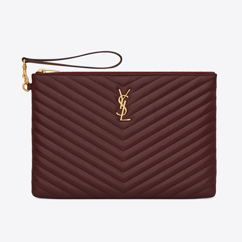 Front view of Saint Laurent YSL Women Monogram Tablet Pouch in maroon leather