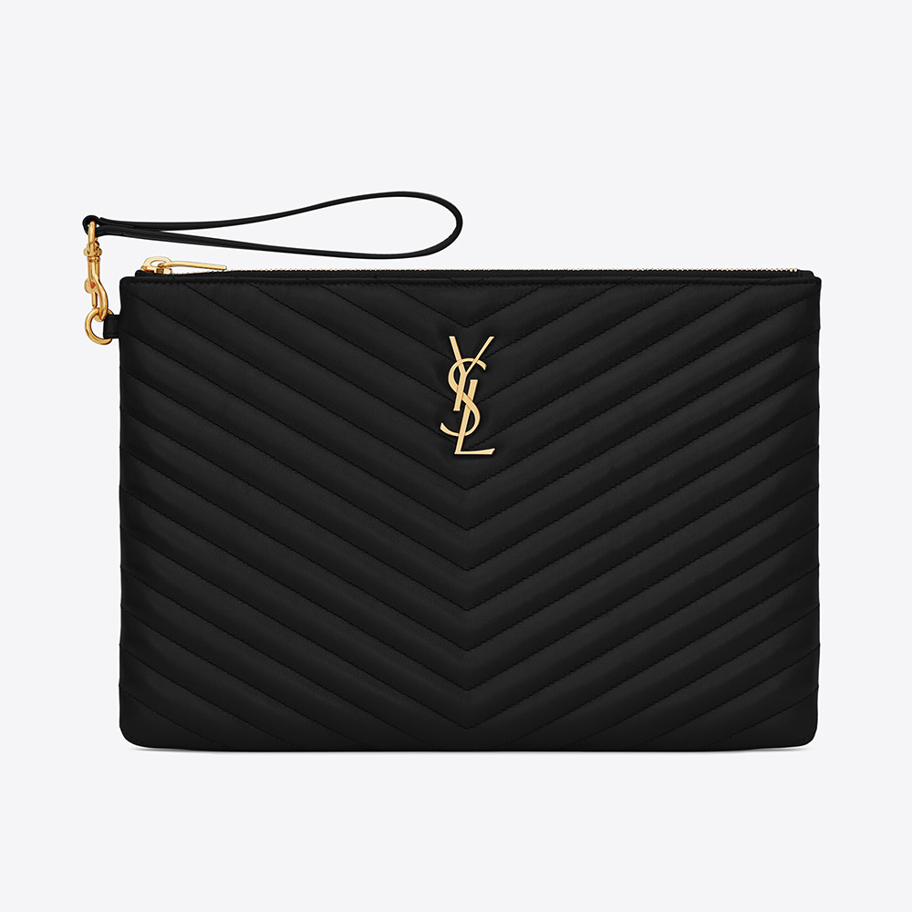 Front view of Saint Laurent YSL Women Monogram Tablet Pouch in black