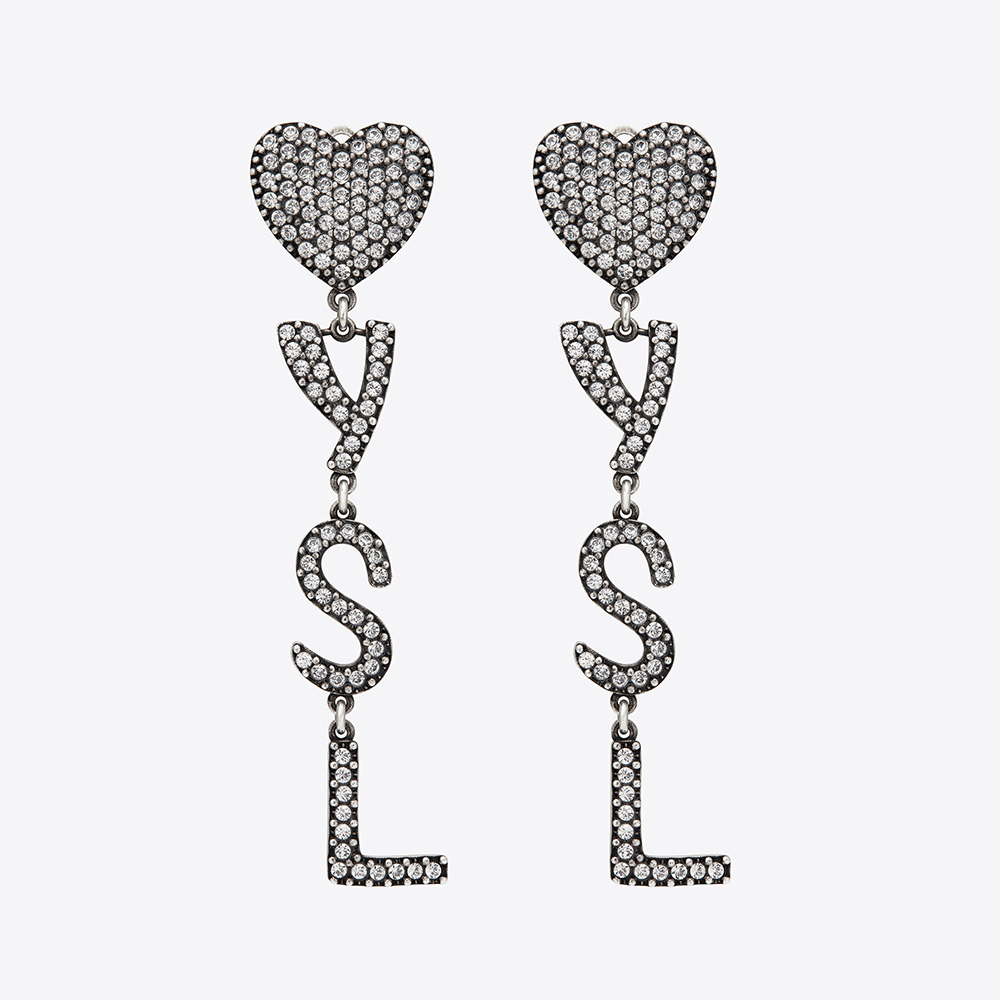 Front view of Saint Laurent YSL Women Opyum YSL Heart Earrings in black metal