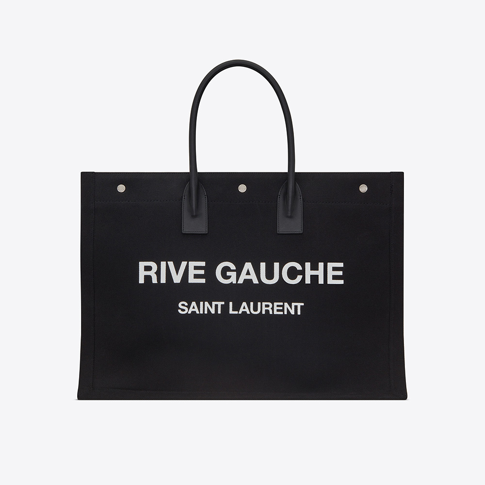 Front view of Saint Laurent YSL Women Rive Gauche Tote Bag in Linen and Leather