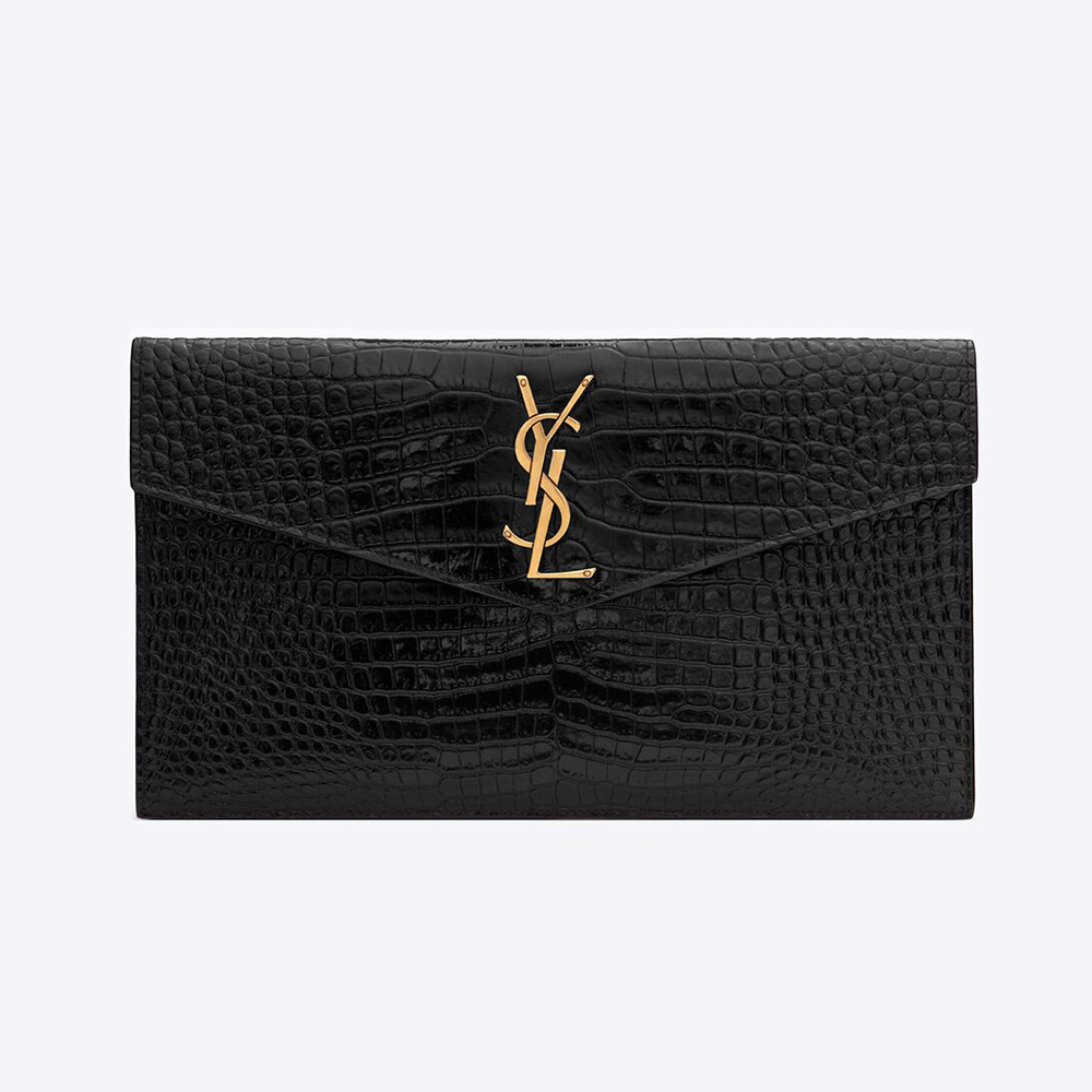 Saint Laurent YSL Women Uptown Pouch in Crocodile Embossed Shiny Leather-Black - image 1