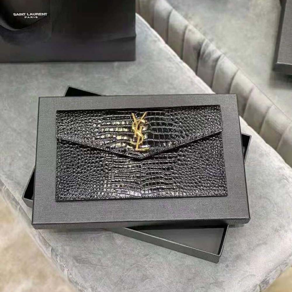 Saint Laurent YSL Women Uptown Pouch in Crocodile Embossed Shiny Leather-Black - image 2